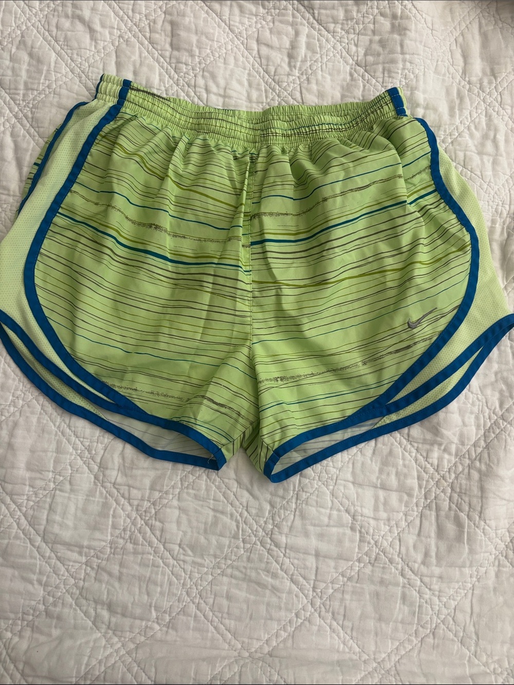 Nike Dri-FIT Tempo Running Shorts Lime Green Blue Stripe Women's Medium 3"